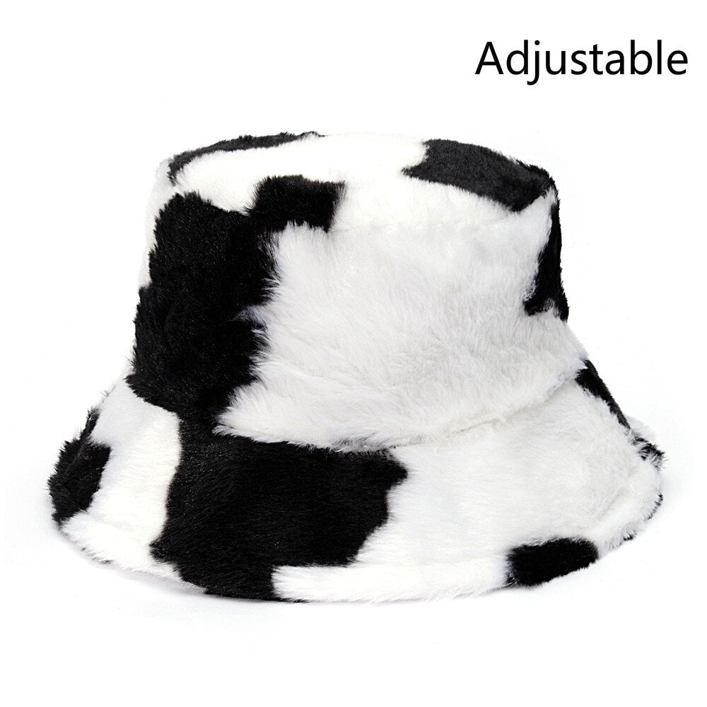 Winter Cow Leopard Faux Fur Fluffy Bucket Hats