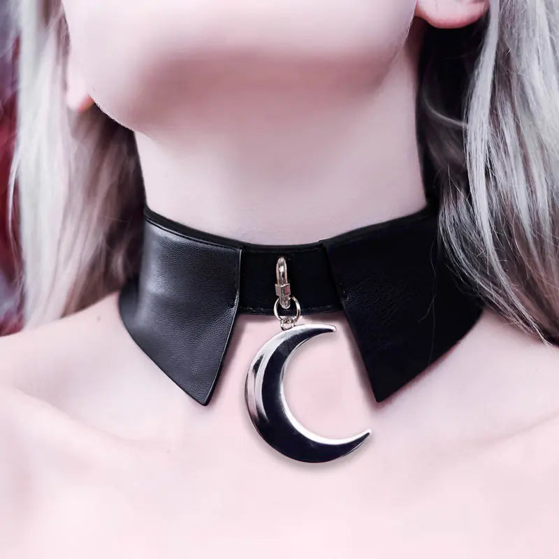 Gothic Style PU Leather Choker with Moon Pendant
