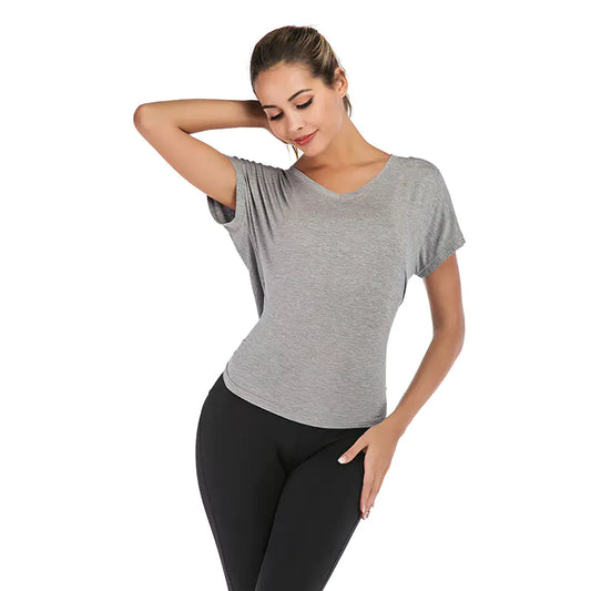 Summer V-Neck Sports T-Shirt with Open Back for Women